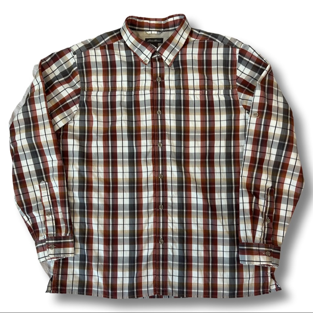 Eddie Bauer Plaid lightweight hiking, long sleeve button down shirt, fall color